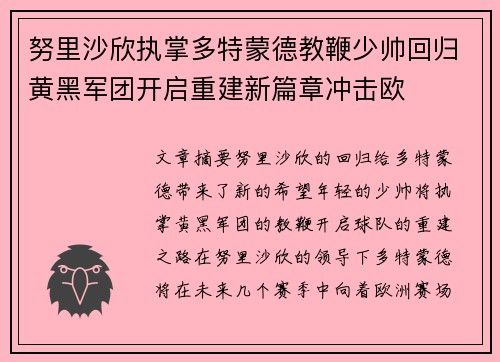 努里沙欣执掌多特蒙德教鞭少帅回归黄黑军团开启重建新篇章冲击欧